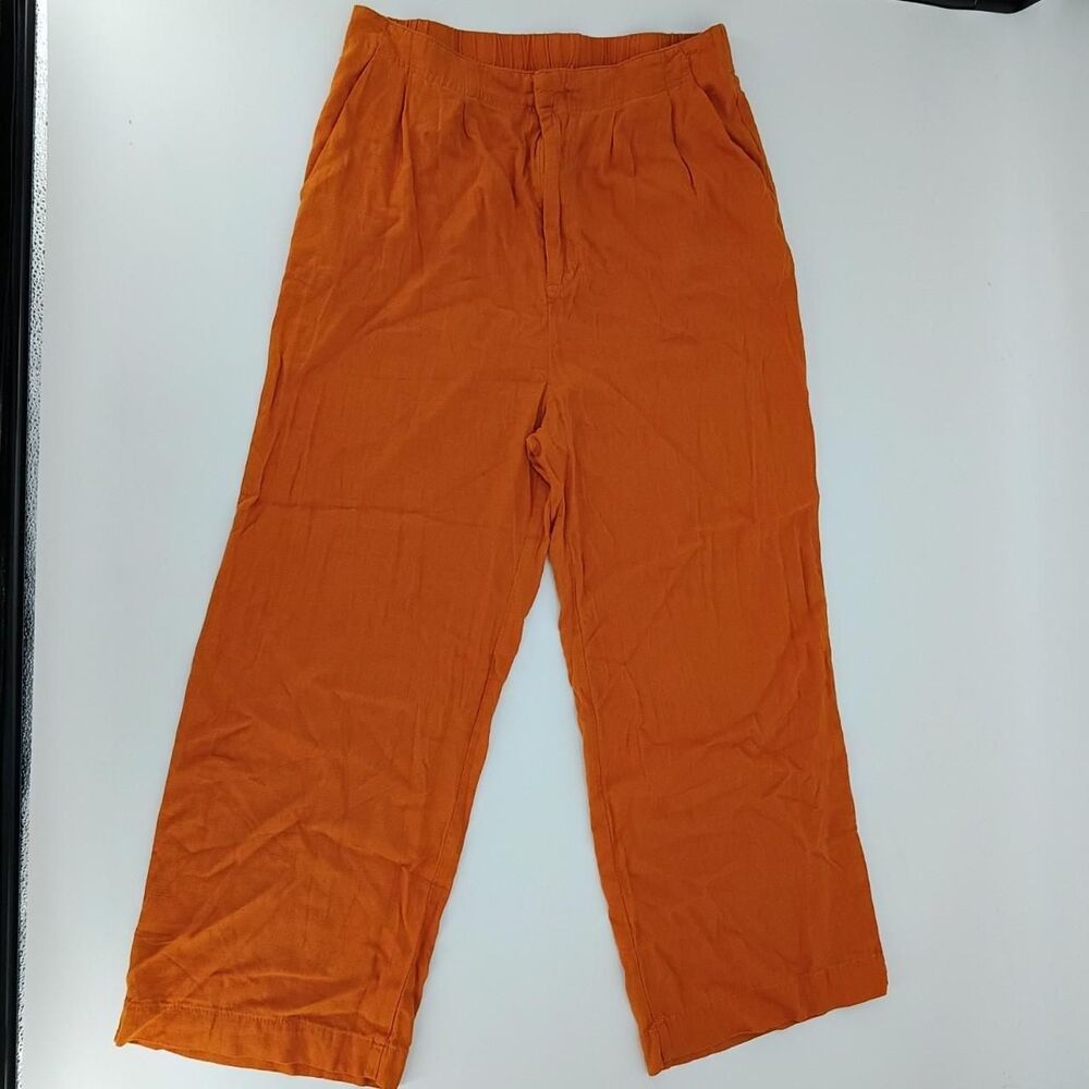 Boho Linen Blend Wide Leg Pants XL Burnt Orange Elastic Waist High Rise Pleated